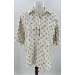 LOFT Women’s Small Embroidered Short Sleeve Collared Button Top Boho Cream Tan